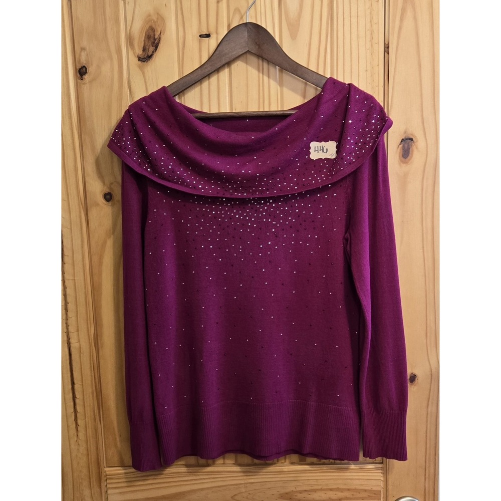 Roz & Ali Womens Magenta Purple Rhinestone Cowl Neck Long Sleeve Sweater M
